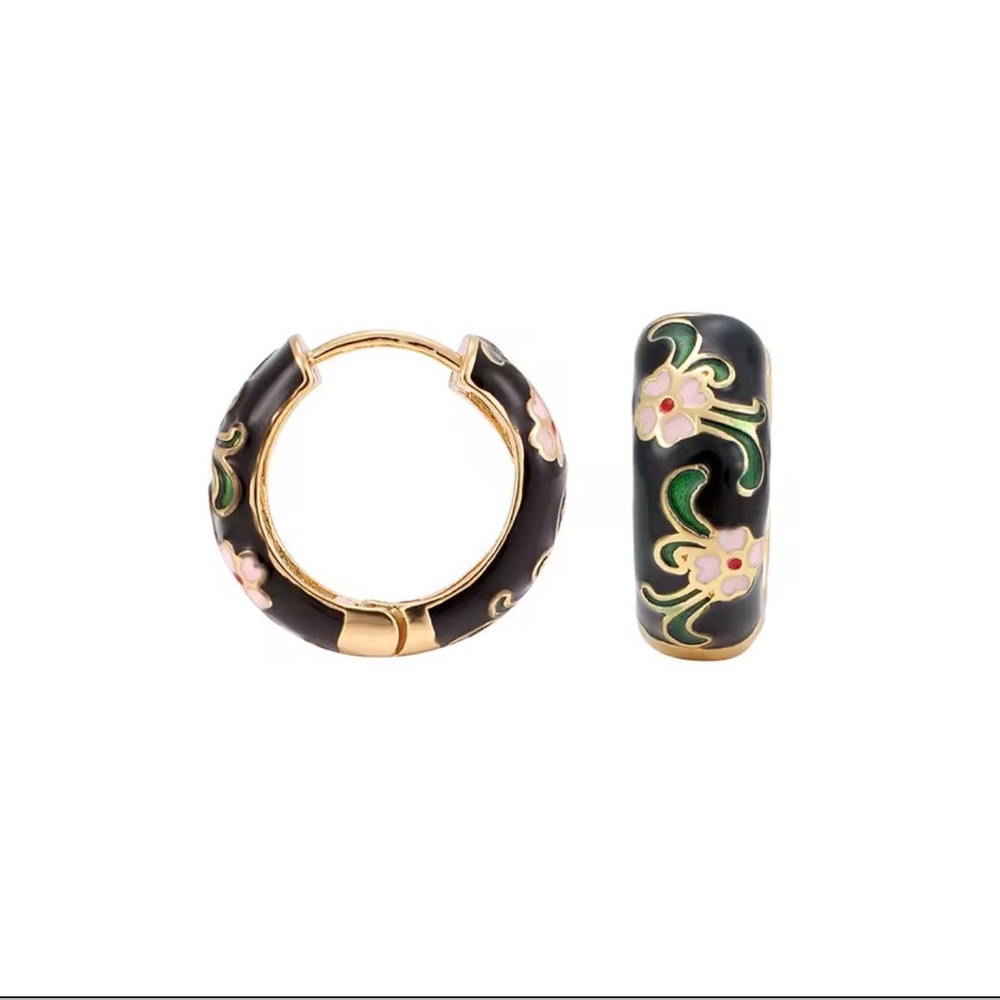 Vintage-inspired Black Floral Boho enamel hoop earrings for pierced ears